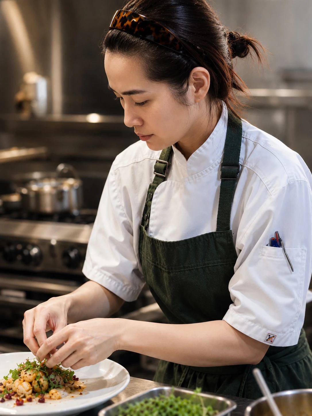 Chef Blue carefully finishing a plate in the kitchen